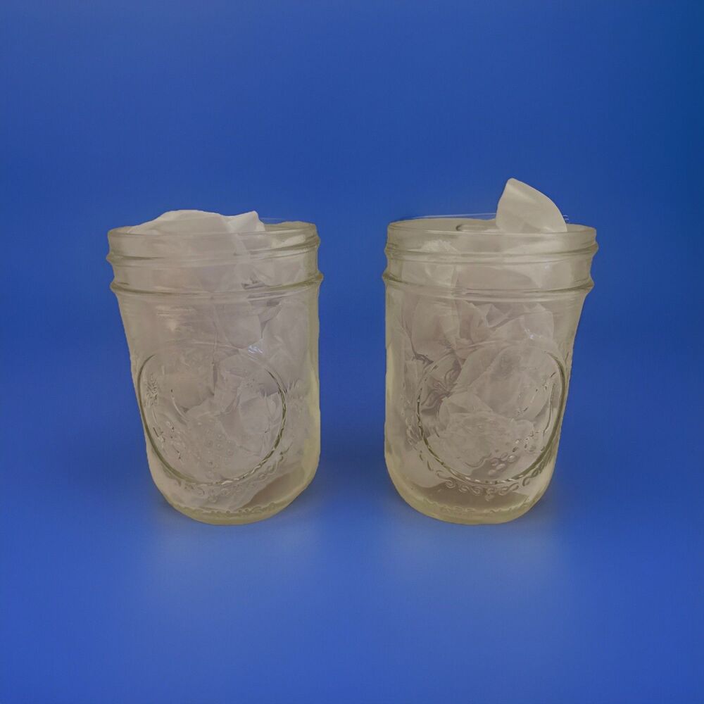 VTG Pair Ball Mason Jelly Jars 6oz Raised Print Fruit Design Side Measure OZ/ML